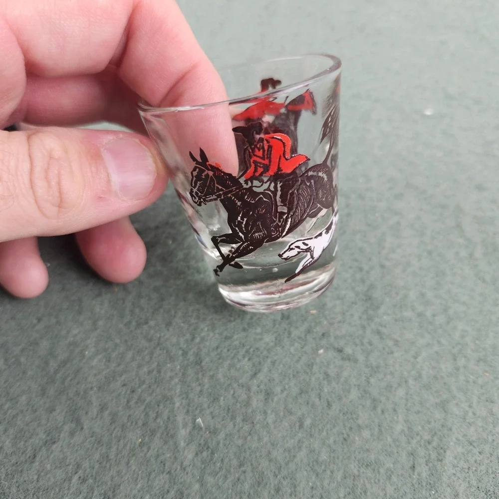 3 Lot Vintage Glass Shot Glass Drinking Cartoon Barware Night Cap‎ Fox Hunt